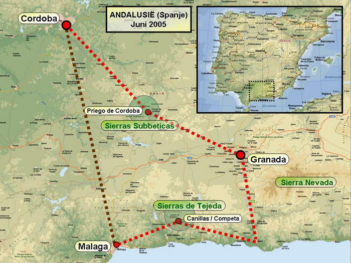 Travel route / Map In June 2005, I went 10 days to Andalusia, southern Spain. We made some hikings in the nature reserves Sierras deTejeda and Sierras Subbeticas and we visited the beautiful cities of Granada and Cordoba with their moorish influences. Stefan Cruysberghs